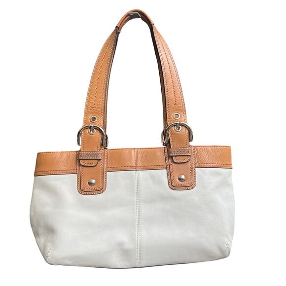 Coach F13782 White & Tan Leather Shoulder Bag Silver Buckles Classic Tote - Picture 2 of 14